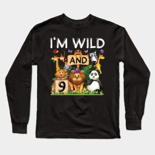 Kids Safari Zoo Animal Lover 9th Birthday Shirt I'm Wild And 9 Birthday Long Sleeve T-Shirt